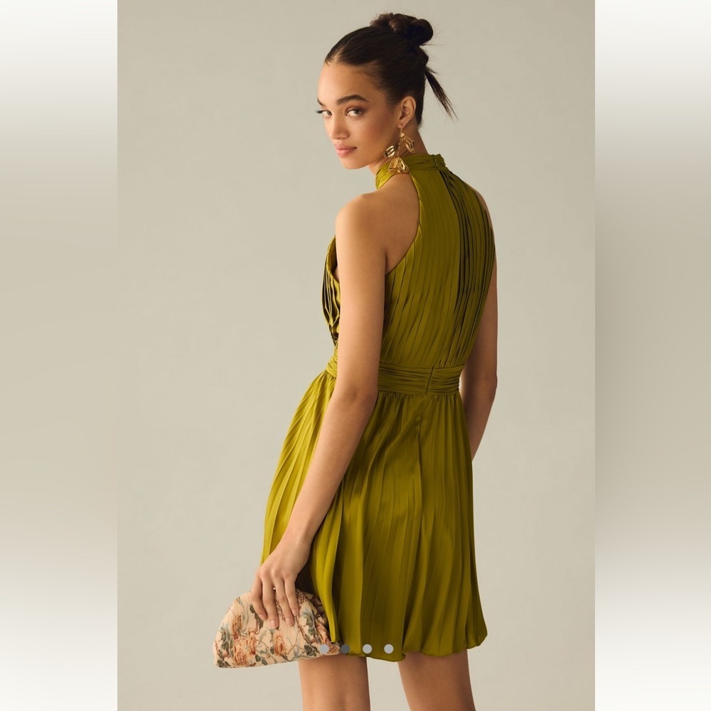 Mac Duggal Satin Pleated Olive Green Halter Dress - Picture 3 of 9